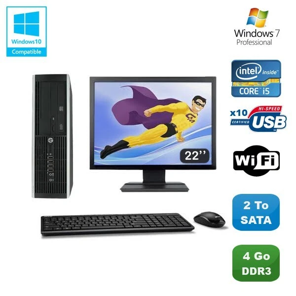 Lot PC HP Elite 8100 SFF Intel Core i5 3.2GHz 4Go 2To Graveur WIFI W7 Ecran 22 - Photo 1/1