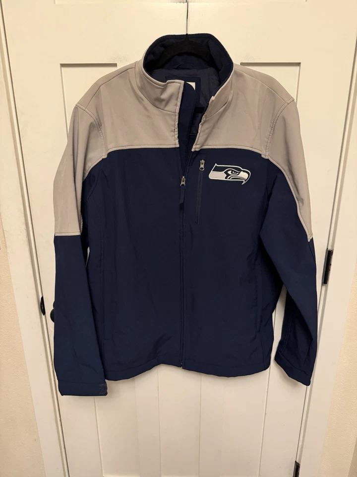 Seattle Seahawks full-zip soft shell jacket NFL navy blue & gray logo Large L - Image 1 of 4