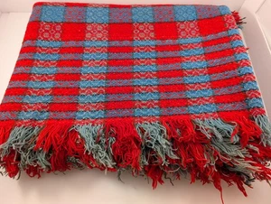 Antique Wool Blue & Red Loom Woven Jacquard Coverlet Americana 84x70" - Picture 1 of 24