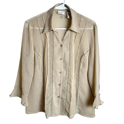 Blusa Covington Beige Transparente con Botones M Boho Romántico Detalle de Encaje Top Foto 1 de 4