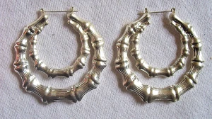 LARGE BAMBOO HOOP EARRINGS SILVER TONE DOUBLE HOOPS 3.25 INCH - Picture 1 of 3