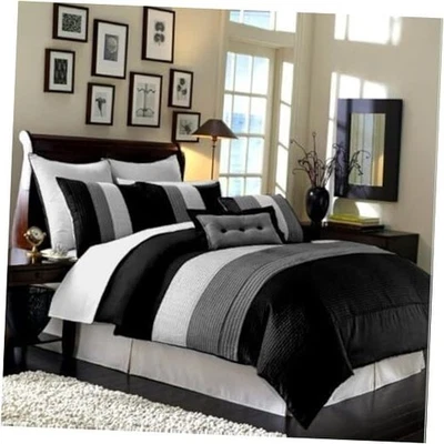 Juego de edredón a rayas de lujo Loft de 8 piezas () King negro/gris/blanco Foto 1 de 4