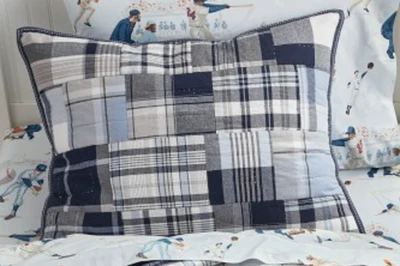 Pottery Barn Kids Madras Quilted Standard Sham Plaid Blue Gray Tonal New w/tags - Image 1 of 4