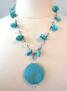 Fashion, Silver Tone, Glass Beads, Turquoise Nuggets Pendant Necklace. - Picture 1 of 3
