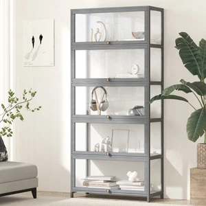 Oikiture Display Cabinet Storage 5-Tier Shelves Clear Bookcase Stand Rack Grey - Picture 1 of 10