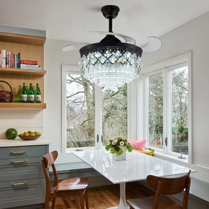 42'' Black Modern Simple Crystal Chandelier Ceiling Fan Remote Retractable Fan - Picture 1 of 13