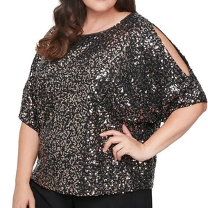 NWT Alex Evenings Plus Women’s Black Copper Sequined Boatneck Dressy Top Size 2X - Picture 1 of 13