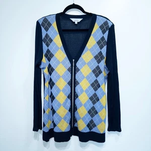 New Misook Navy Blue & Yellow Argyle Plaid Zip Cardigan Size XL - Picture 1 of 8