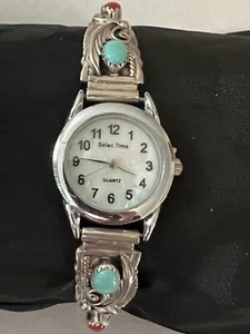 Orologio Navajo Gr Turchese Corallo Punte Argento Sterling Donna Nuova Batteria RB w015 - Foto 1 di 2
