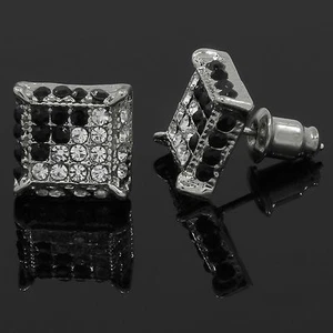 Mens Silver & Black Cubic-Zirconia Cube Hip Hop Micro Pave Stud Earrings - Picture 1 of 5