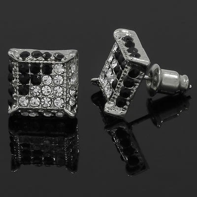 Aretes micro pavé de hip hop cubo de circonitas cúbicas plateados y negros para hombre Foto 1 de 4