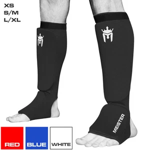 MEISTER ELASTIC CLOTH SHIN & INSTEP GUARDS - Muay Thai MMA Taekwondo Leg Pads - Picture 1 of 10