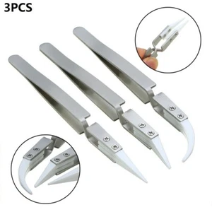 Silver and White Ceramic Tweezers Kit Non Conductive Reverse Tweezers 3pcs - Picture 1 of 10