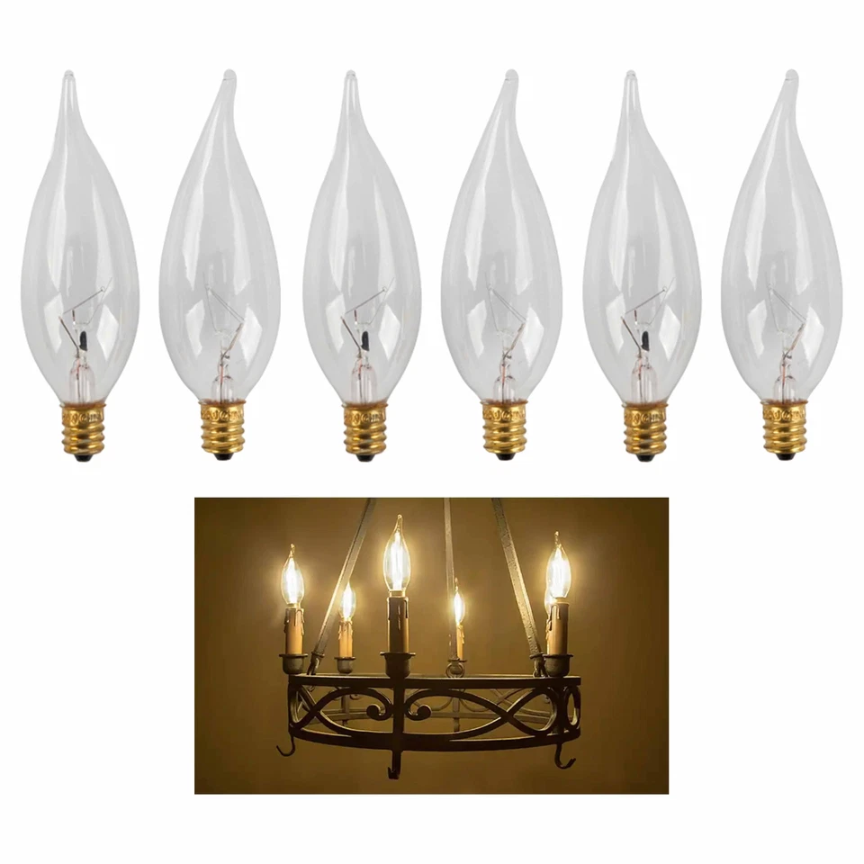 ATB 6 X 40W 120V Clear Light Bulbs Candelabra Base Chandelier Candle Shape Flame Tip