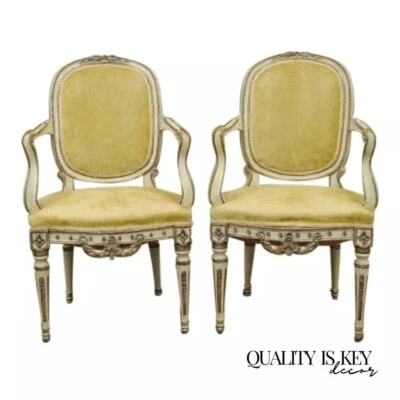 Antique Italian Venetian Cream Distress Painted Carved Wood Arm Chairs - a Pair - Image 1 of 4