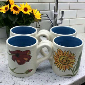 Pier 1 Imports set of 4 Sunflower Earthenware Mugs Hand Painted Blue Interior - Picture 1 of 10