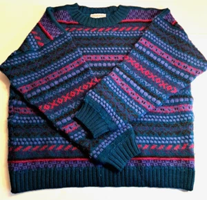 Vintage Nomadic Traders 100% Wool Sweater Women's Large Colorful Stripes Teal - Picture 1 of 17