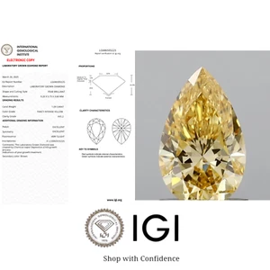 1.09 Ct Pear Lab Grown CVD IGI Certify Diamond Fancy Intense Yellow VVS2 - Picture 1 of 8
