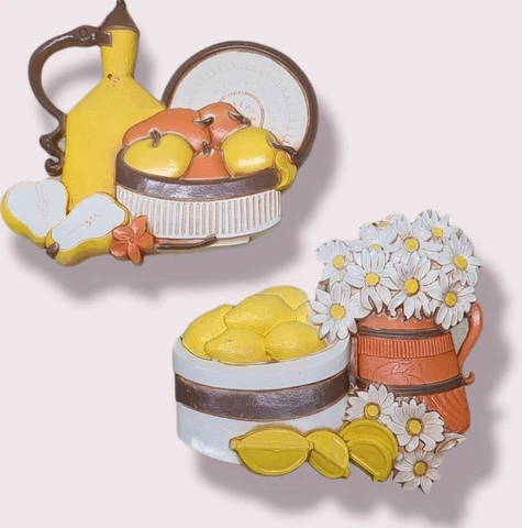 1980s Funky Syroco Lemons And Pears Kitchen Wall Plaque Set #7610 Made In USA Cover