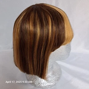 Rebasar Human Hair Wig Brown Blonde Highlights Ombre Straight Bangs Bob Pageboy - Picture 1 of 7