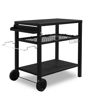Outdoor Grill Speisewagen 3 Ablagen beweglich Pizzaofen Tisch Ständer mit Rad & Haken - Bild 1 von 14