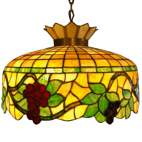 Antique American Brass Mosaic Glass Grapevine 3-Light Pendant Light c. 1910 Cover
