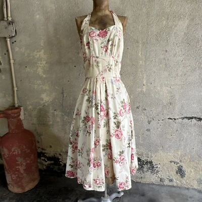 Vestido halter vintage de algodón con estampado floral rosa chintz de los años 30 midi espalda baja Foto 1 de 4