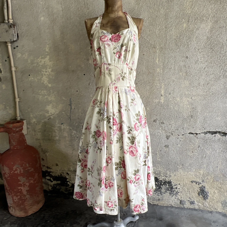 Vintage 1930s Chintz Pink Rose Floral Print Cotton Halter Dress Midi Low Back - Image 1 of 4