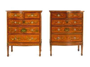 A Pair of English Edwardian Paint-Decorated Satinwood Five-Drawer Chests - Picture 1 of 10