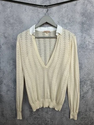 Sandro Paris Linen Cotton Pointelle Knit Sweater with Contrast Shirt Collar Sz 1 - Image 1 of 4