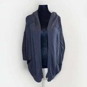 Roxy Sweater Navy Blue Sz M Open Cardigan Hood Mesh Sleeves Cotton Beach 90s Y2K - Picture 1 of 13