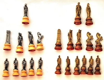 23 Pcs. Italfama Chess 3.5" Romans vs Barbarians Chessmen. Nickel, Brass & wood - Image 1 of 4