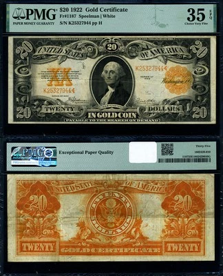 FR. 1187 $20 1922 Oro Certificado Elección PMG VF35 EPQ Foto 1 de 3