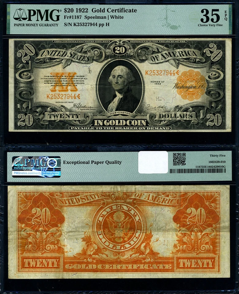 FR. 1187 $20 1922 Gold Certificate Choice PMG VF35 EPQ - Image 1 of 3