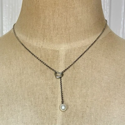 Tiffany&Co. Elsa Peretti Sterling Silver Open Heart Lariat w/ Pearl Necklace  - Image 1 of 4