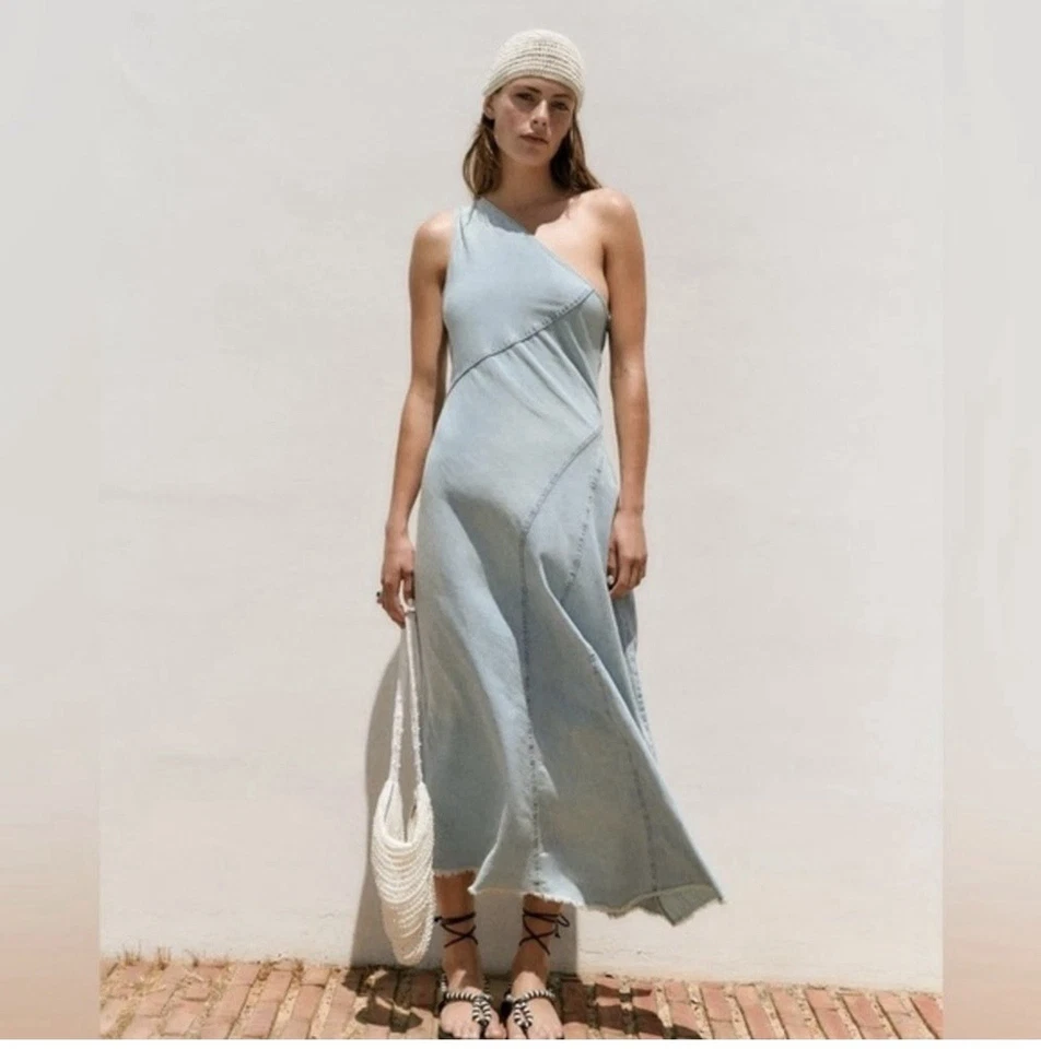 Zara Denim Asymmetrical One Shoulder Dress with Frayed Hem, Size XL - Image 1 of 4