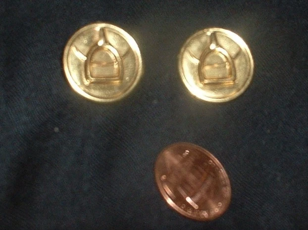 English equestrian theme shank buttons w/gold tone stirrup/leather  6 pairs = 12 - Image 1 of 4