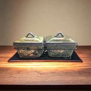 Olive Double Square Ceramic Bowls With Lids In Metal Holder Green *READ - Picture 1 of 10