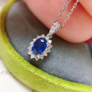 2Ct Oval Cut Lab-Created Blue Sapphire Halo Pendant 14K White Gold Plated - Picture 1 of 8
