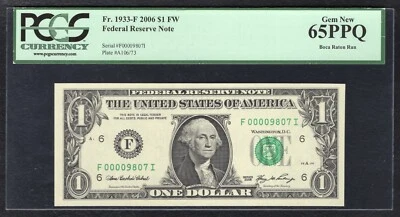 FR. 1933-F 2006 $1 FW FRN ATLANTA, GA “LOW SERIAL #9807” PCGS GEM UNC-65PPQ - Image 1 of 2