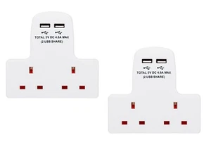 Set of 2 - 2 Way Gang Multi-Plug 13A Wall Socket Adaptor with 2x USB Port White - Picture 1 of 8