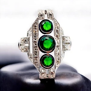 VINTAGE STYLE 925 SOLID STERLING SILVER SIMULATED EMERALD FILIGREE RING 1796 - Picture 1 of 3