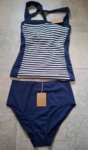 BODEN New Tankini Set Navy Blue Stripe Halter Neck Size uk 6 Top & Bottoms - Picture 1 of 3