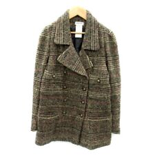 SONIA RYKIEL Pea Coat Women 40 Beige Wool Plaid Pockets Collared Length 26.8