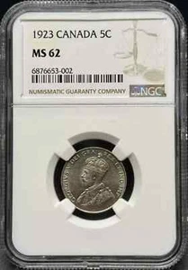 1923 CANADA Nickel 5 CENTS NGC MS-62 - Picture 1 of 2