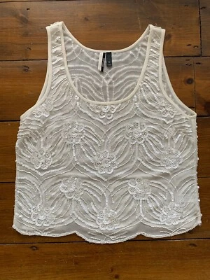 Top Topshop Talla 6 Cuentas Marfil Semi Transparente Dobladillo Vieira Sin Mangas Cuello Redondo Foto 1 de 3