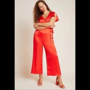 Neu mit Etikett $ 150 Anthropologie roter Maquelle Satin kurzärmliger Overall Damen Medium - Bild 1 von 7