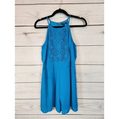 Xoxo Women's Blue Lace Solid Spaghetti Strap Round Neck Romper Size Medium - Image 1 of 4