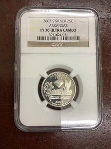 2003 S Silver 25C Arkansas PF70 Ultra Cameo Graded By NGC - Picture 1 of 3