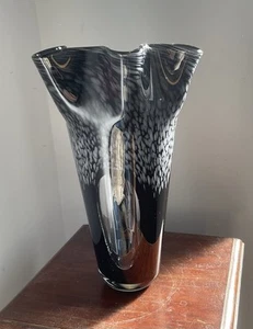 Vintage Black With White Accents Art Glass Handkerchief Style Vase .Europe. - Picture 1 of 4